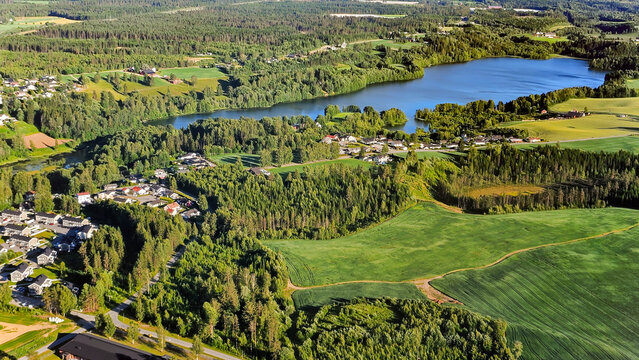 The landscape on approach to Oslo's main airport, Gardermoen. From above, the deep ravines and valleys characteristic of this region of Norway are clearly visible, such as the famous Ravinedalen area