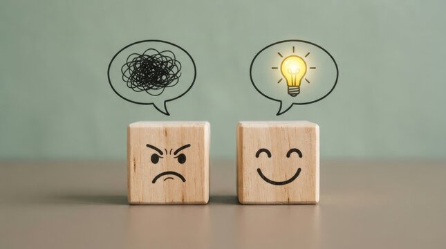 Wooden blocks with angry and happy faces representing mindset transformation for world mental health day to promote psychological well being and positive mental health awareness