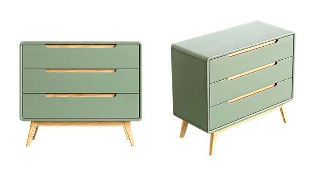 Stylish mint green dresser with three drawers and natural wooden handles and legs minimalist bedroom furniture storage solution.