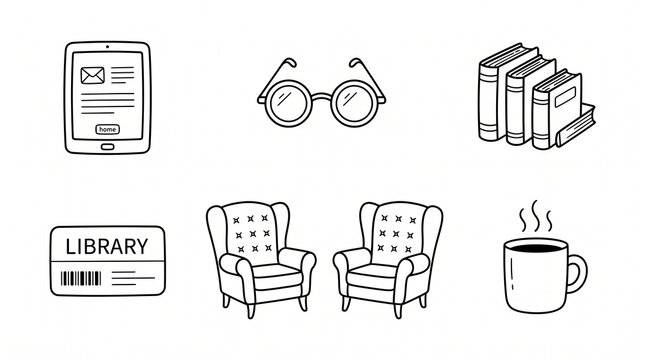 Minimalist monochrome line art vector collection of various reading and relaxation elements, isolated on white background