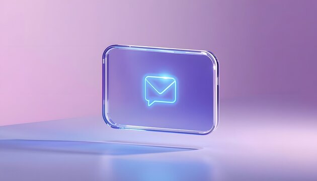 Futuristic floating glass communication card. Digital email icon with glowing neon light.