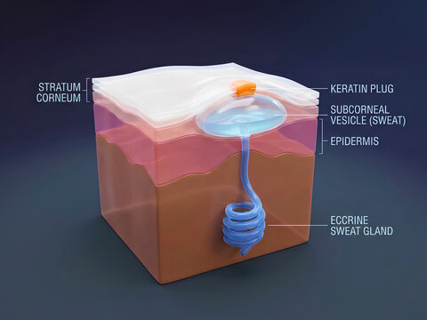 3D Medical Illustration of Miliaria Crystallina Showing Subcorneal Vesicle and Eccrine Sweat Gland