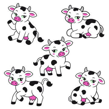 Cute Black and White Cow Character Set with Five Playful Poses, Cartoon Dairy Cow Vector Collection for Stickers, Farm Design and Children&rsquo;s Illustration