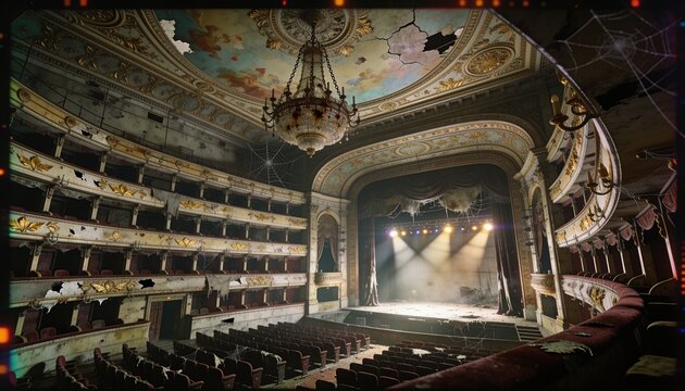 Forgotten rococo opera hall featuring damaged golden decorations, empty velvet seats, and giant chandeliers.