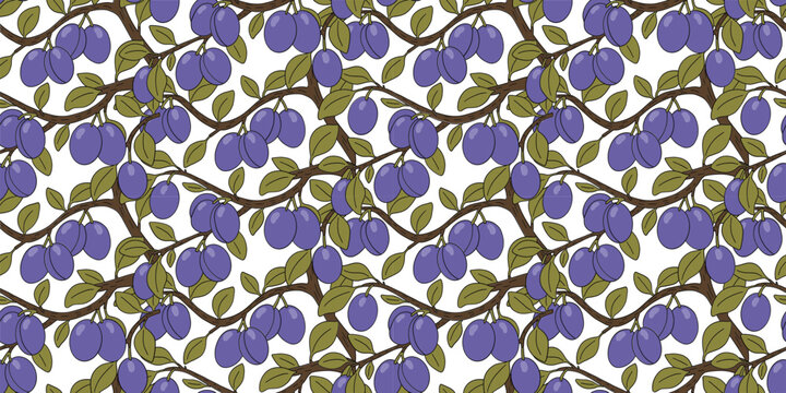 Seamless pattern with ripe purple plums and green leaves, made in hand-drawn doodle style, flat vector illustration for fabric, wrapping paper, wallpaper and textile design.