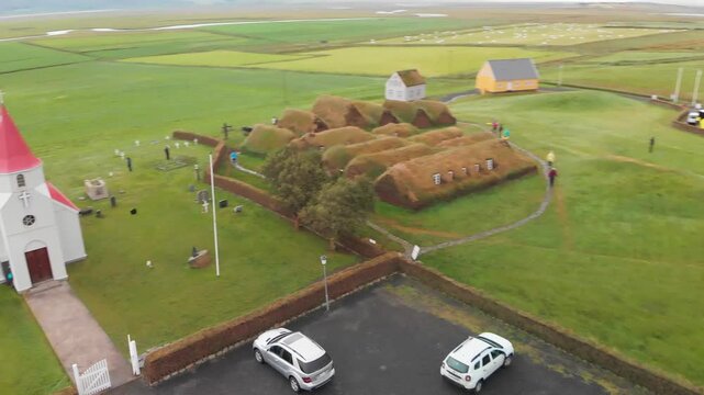 Aerial view of Glaumbaer Village and red church in northern