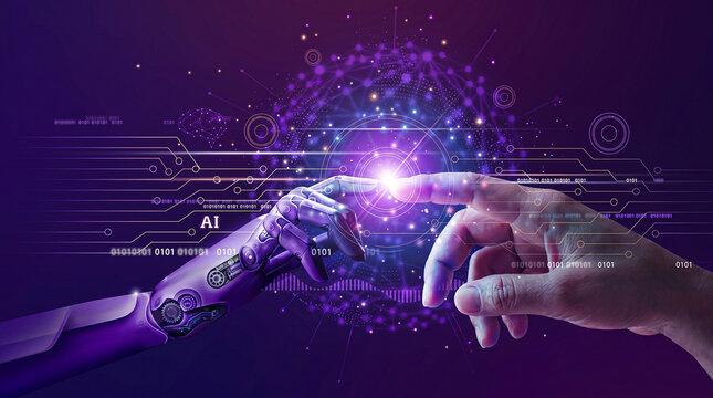 Artificial intelligence robot hand touching human finger representing machine learning and future humanoid technology integration concept with technology