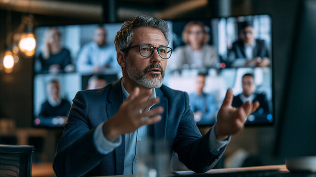 Mature businessman leading a virtual conference. Actively participating in a video call with multiple remote colleagues displayed on a large screen