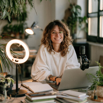 Young woman smiling while working from home, streaming content, recording a podcast, or engaging in online education with a laptop, ring light, and microphone