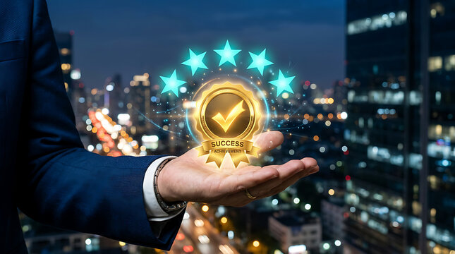 Businessman holding a glowing golden quality service award icon with five stars in front of a modern city skyline