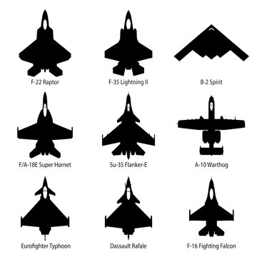 Set of black aircraft silhouettes including f-22 raptor, f-35 lightning ii, b-2 spirit, and other jet fighters