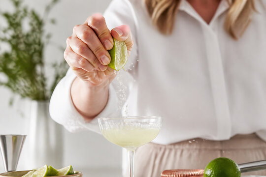 A person is garnishing a cocktail with lime slices and sugar in a bright, indoor setting.