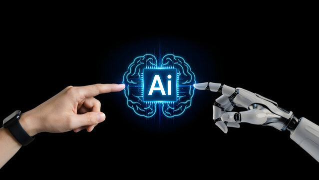 Human hand and robotic hand touching a glowing ai brain chip icon on a black background