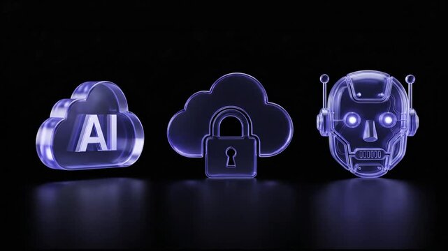 Glass Artificial Intelligence Cloud and Robot Head Icons Rotating