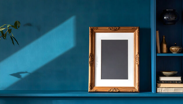 Empty picture frame sits on blue ledge against plaster wall in moody atmospheric interior style generative AI