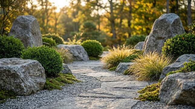 Tranquil garden planning featuring a grey boulder rock garden landscape design with stone pathway and green bushes.