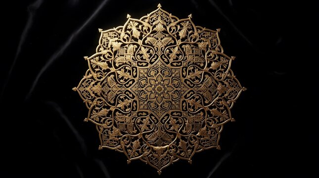 Intricate golden mandala ornament on black silk fabric