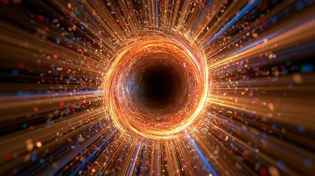 Abstract glowing vortex tunnel with swirling light particles and streaks, representing speed, energy, and a wormhole.