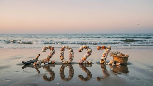Creative sand art spelling year 2035 on beach shore