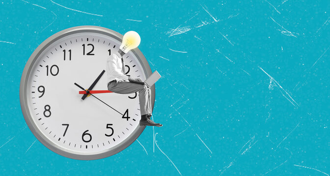 Art collage showing a person with a light bulb head sitting on a clock while using a laptop