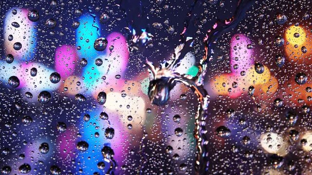 Raindrops trickling down glass window with blurred city lights at night. Colorful bokeh urban background reflecting through wet transparent surface. Weather concept.
