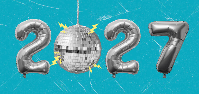 Art collage of silver balloons, a disco ball, and bright colors for celebrating a special year