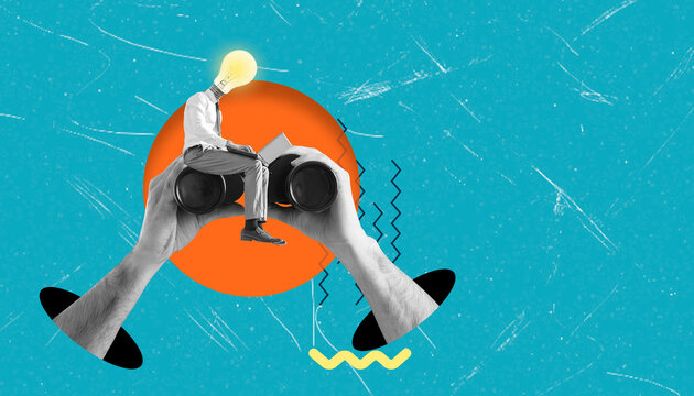 Art collage of a man with a light bulb sitting on hands and holding binoculars against a colorful background