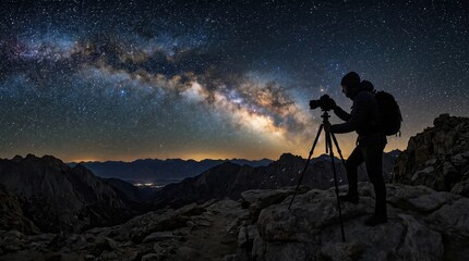 Fototapeta premium Photographer capturing the stunning Milky Way galaxy and starry night sky from a mountain peak