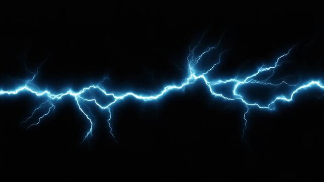 A bright blue bolt of lightning strikes across a dark black background.