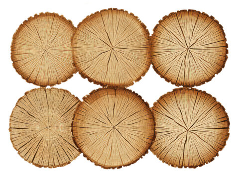 Six Tree Trunk Cross Sections with Growth Rings on White Background