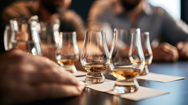 Whisky Tasting Glasses on Dark Table at a Spirits Event