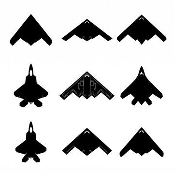 Stealth aircraft collection: nine fighter jet and bomber silhouettes, including b-2 spirit and f-22 raptor concepts