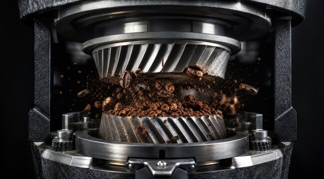 Commercial coffee grinder mechanism cutting beans