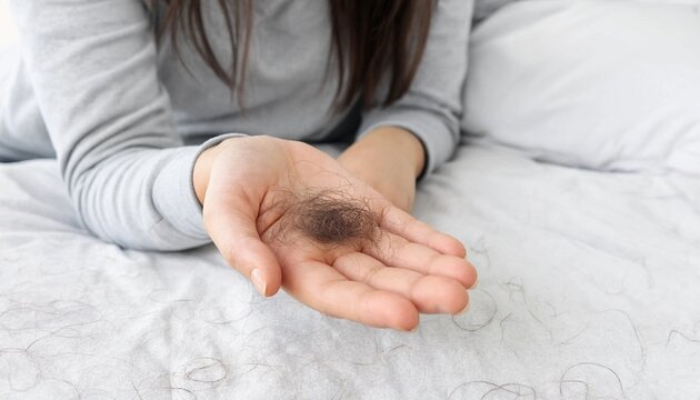 Woman holding a clump of fallen hair in her hand on a bed with hair loss problems