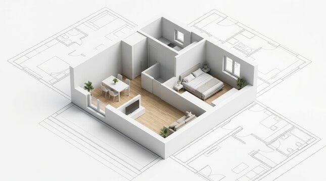 Detailed floor plans and modern building plan displaying a small apartment layout with a dining area and bedroom.