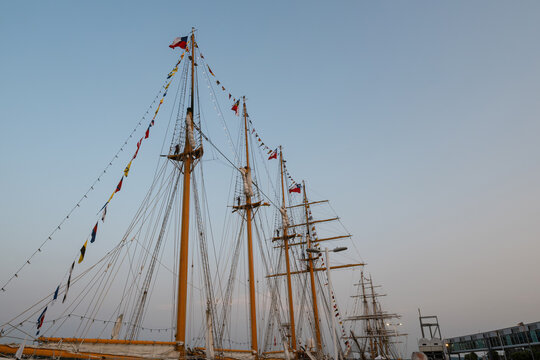 Tall ship masts lined with maritime signal flags. Furled sails and dense rigging rise above a waterfront building in soft evening light.