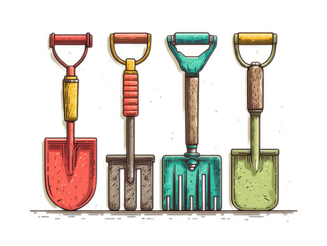 Vintage Style Illustration of Colorful Garden Shovels and Forks