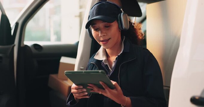 Tablet, logistics and woman by van with headphones, typing or distribution for b2c freight. Package, music and courier with digital tech for supply chain, checklist app and information for order