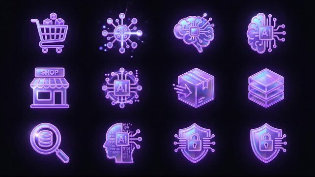Neon purple artificial intelligence icons glowing on black background