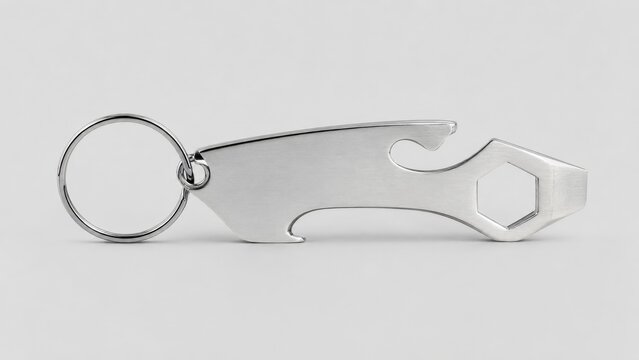 Beer bottle opener keychain overhead composition with soft natural light and balanced styling art