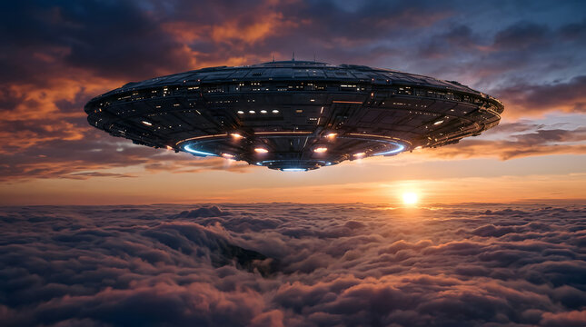 Futuristic spaceship hovering above clouds at sunset