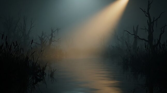 Mysterious swamp landscape at night, eerie foggy bayou with dead trees, dramatic light beam over dark water, cinematic spooky forest background
