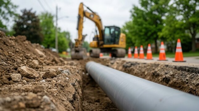 Suburban street utility project with workers installing a large pipe in a dug trench using an excavator and orange cones.