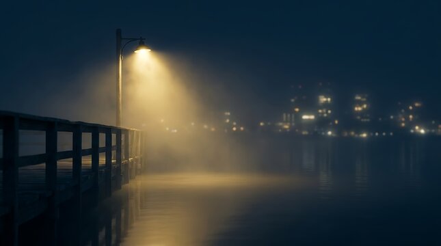 Atmospheric foggy pier at night with glowing street lamp, misty wooden dock over dark water, cinematic urban waterfront in thick fog