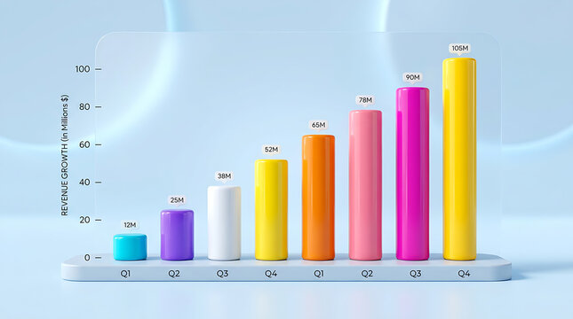 Colorful 3d bar chart showing business growth with increasing columns on a light blue soft background studio