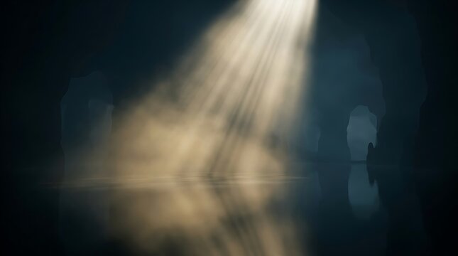 Cinematic light rays in dark cave, ethereal sunbeams shining through cavern opening, mystical underground atmosphere with misty water reflection