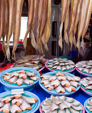 Market stall in Busan, South Korea, displays an array of dried fish