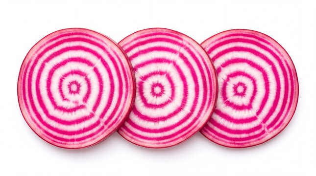 Bright striped candy cane beet slices arranged in row for healthy cooking isolated on white background