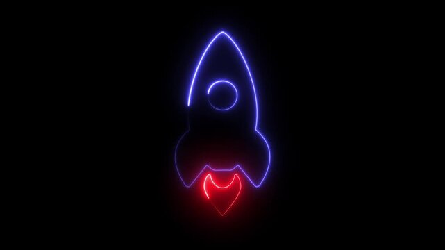 Abstract Glowing Neon Rocket icon launching indicating speed and timing, start up launch, product promotion, innovation concept. 4k video