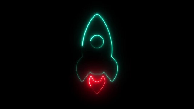 Abstract Glowing Neon Rocket icon launching indicating speed and timing, start up launch, product promotion, innovation concept. 4k video